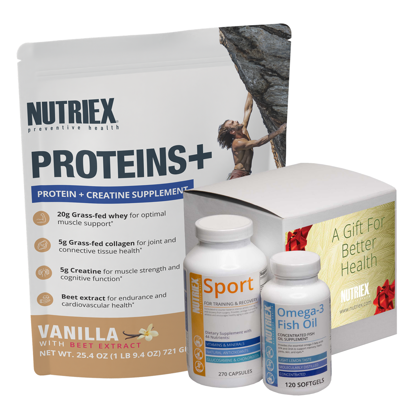 Nutriex protein supplement package with two bottles on a white background