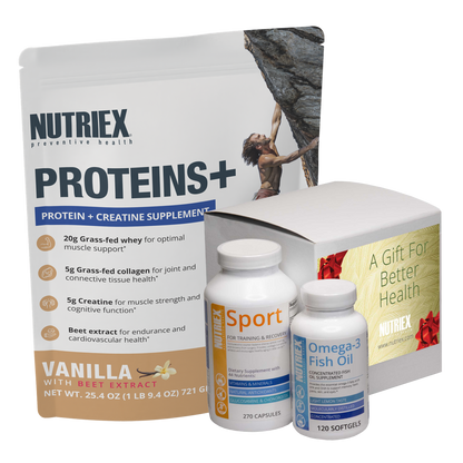 Nutriex protein supplement package with two bottles on a white background