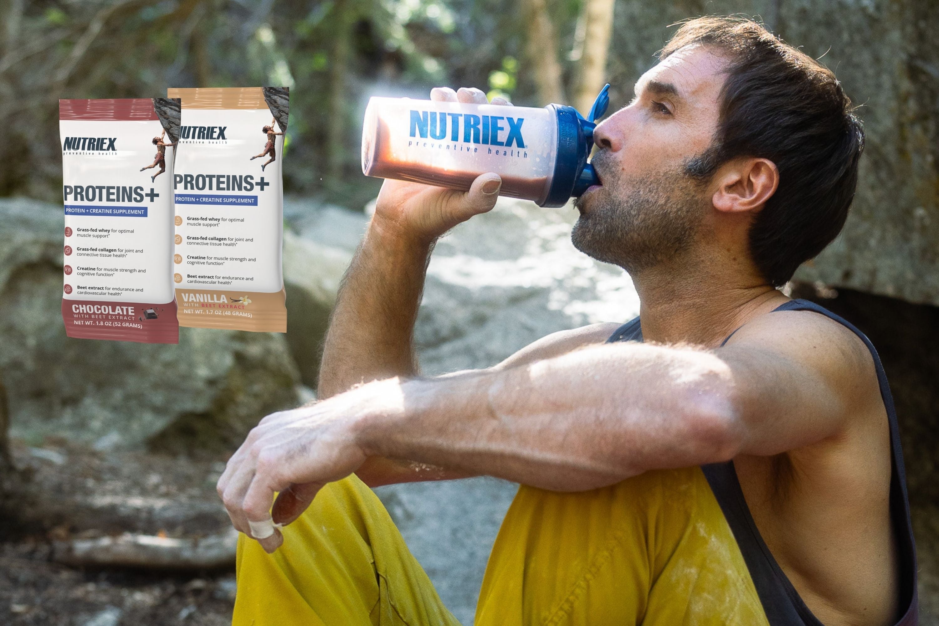 Chris sharma drinking  Nutriex Proteins+ from a Nutriex protein shake bottle 