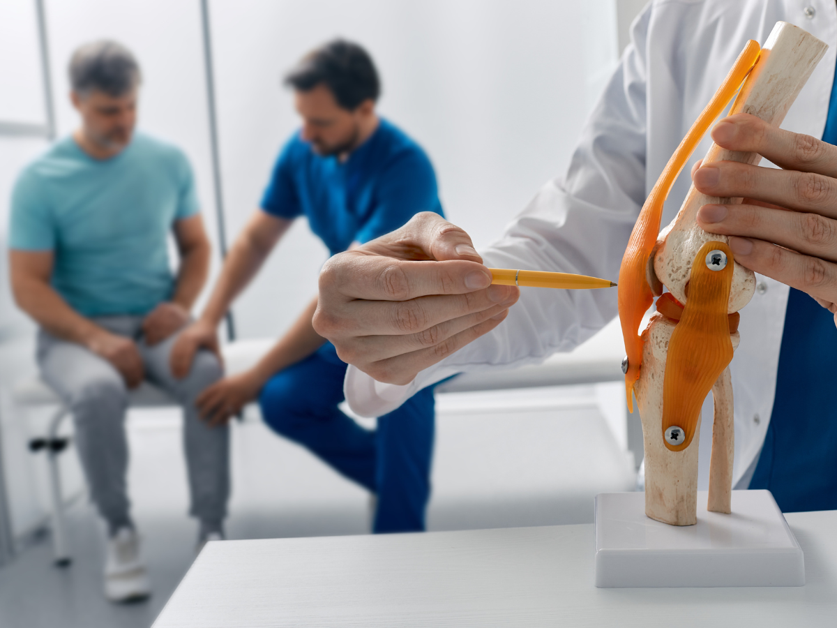 image of doctor and a patient at an office. Doctor is pointing to a tendon on the knee. 