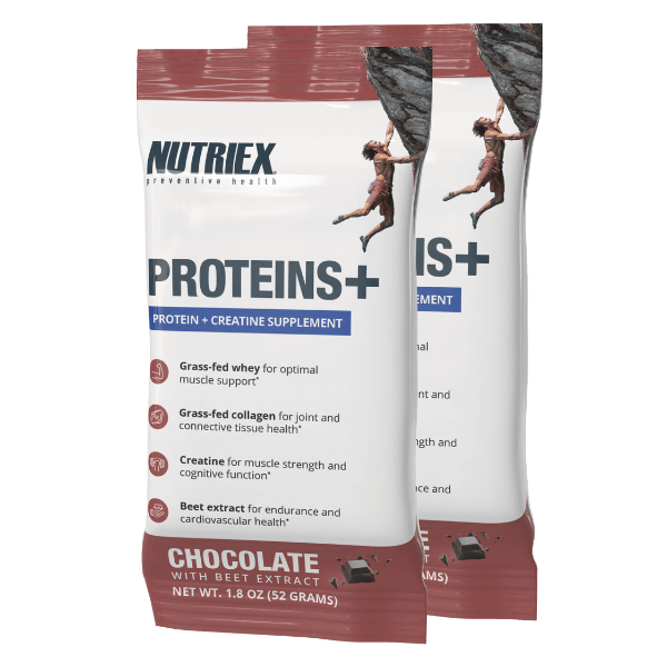 Two Chocolate Nutriex Protein+ samples  on a white background