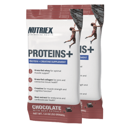 Two Chocolate Nutriex Protein+ samples  on a white background
