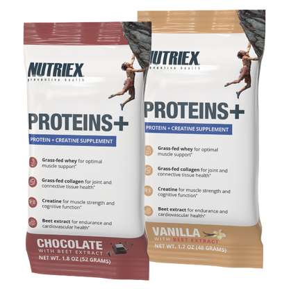 Two  samples of Nutriex Proteins+ supplement, one chocolate and one vanilla with beet extract, on a white background.