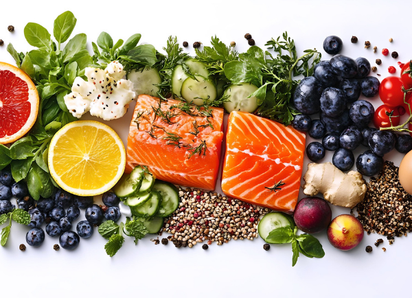 image of fresh food including vegetables, fish, and fruit.